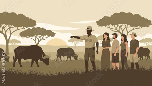 African Safari Adventure Group Watching Wildlife Landscape Illustration Style