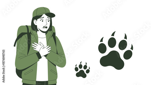 Afraid Hiker Encounters Bear Paw Prints During Forest Adventure