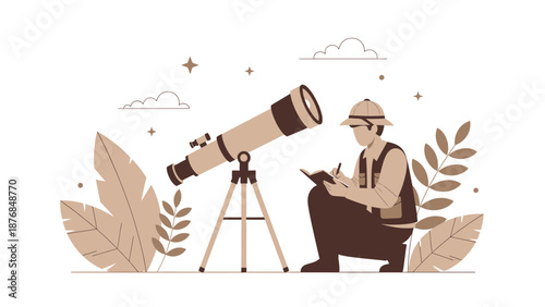 Astronomer Observing Stars And Planets Through Telescope In A Remote Location