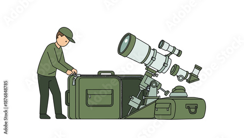 Astronomer Preparing Telescope For Observing Stars Opening A Protective Storage Case