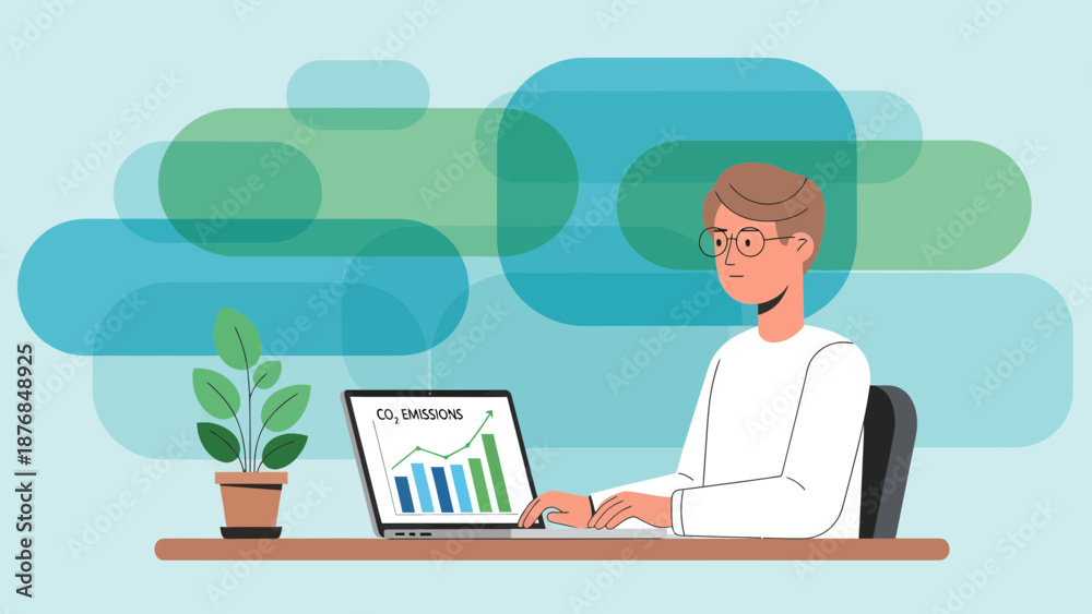 Fototapeta premium Analyst Reducing Carbon Emissions By Working At The Office On His Laptop