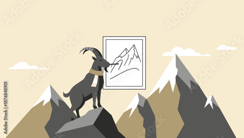 Alpine Goat Painting Mountain Landscape Scene On Rocky Peak In A Minimalist Style