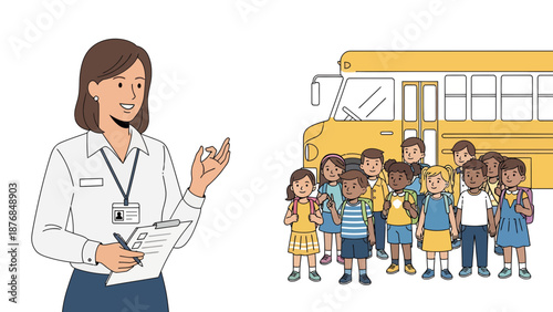 Attentive Teacher Preparing Children For Safe Bus Transportation To School