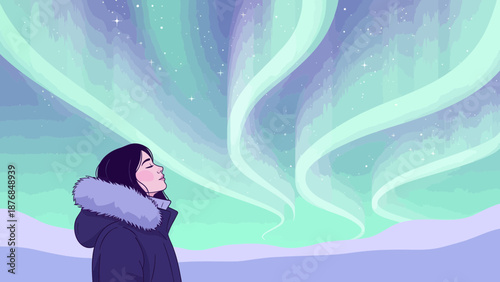 Aurora Borealis Dreamy Gaze: Woman Watching The Northern Lights In Winter Landscape