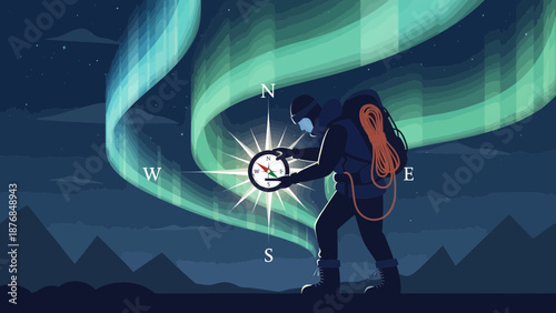 Aurora Borealis Adventure: Discovering Direction With Compass Under The Northern Lights