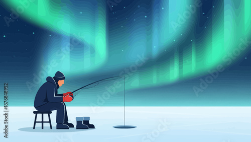 Aurora Borealis Shines On A Winter Ice Fishing Scene Adventure Outdoors