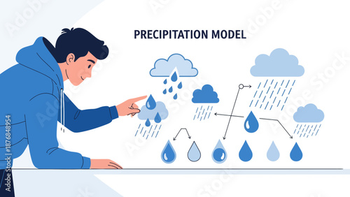 Analyzing Precipitation Model With Young Scientist Displaying Weather Illustration
