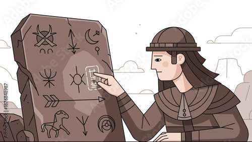 Ancient Civilization Woman Deciphering A Rock Tablet With Mysterious Symbols
