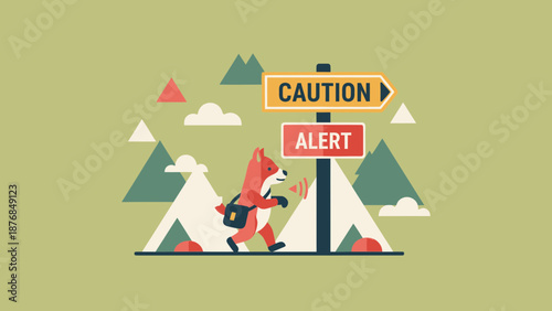 Animated Fox Exploring Nature Trail Near Warning Signs In The Wilderness