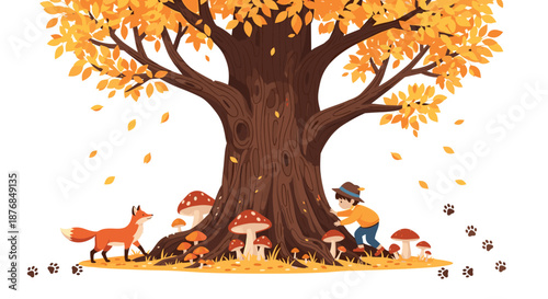 Young child exploring the base of a giant oak tree in an autumn forest while a fox watches from the fallen leaves.