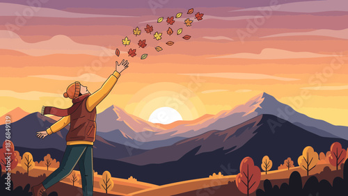 Autumnal Sunset With Carefree Figure Tossing Leaves In The Mountain Landscape