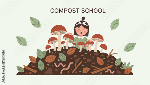 Animated Illustration Showing A Schoolgirl Discovering Mushrooms Growing In Compost