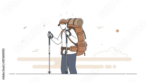 Backpacker Exploring Wilderness With Trekking Poles In Minimalist Line Art Style