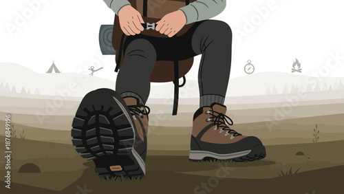 Backpacker Adjusting Gear On The Trail In Brown Hues Scenic Adventure