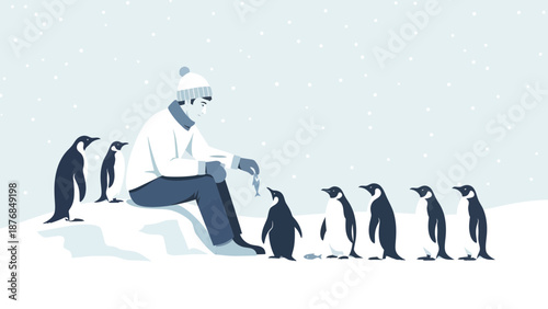 Antarctic Encounter Man Offering Fish To Penguins On Snowy Landscape Expedition
