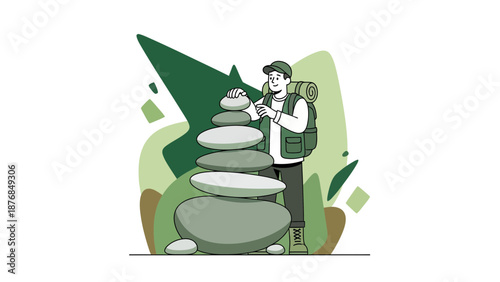 Balanced Stones And Hiker Depicting Hiking Adventure In The Serene Outdoors