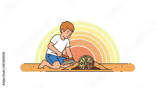 Archaeological Discovery Young Boy Unearthing Ancient Artifact On Beach