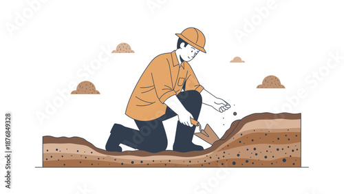 Archaeologist Excavating Soil Layers At A Dig Site Illustration