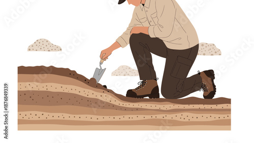 Archaeologist Inspecting Soil Layers At An Archaeological Dig Site Illustration