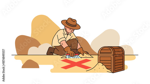 Archeologist Discovering Ancient Treasure Chest At Excavation Site With Brush