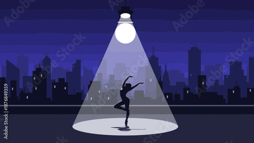 Ballerina Silhouette Performing Under Spotlight With Cityscape Backdrop