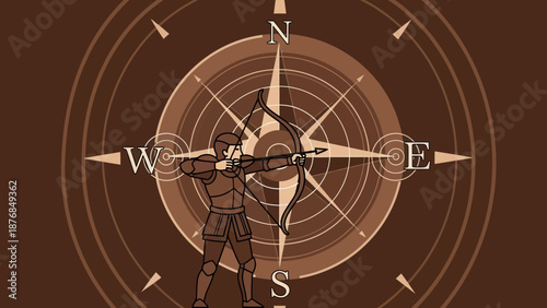 Archer With Bow Ready To Shoot With A Compass In The Background