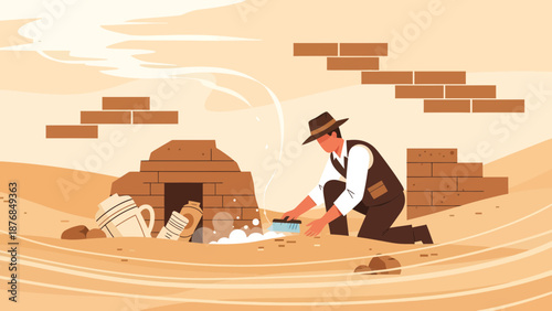 Archeologist Unearthing Historical Artefacts And Restoring Ruined Ancient Wall