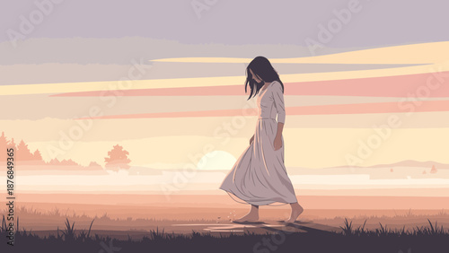 Barefoot Lady In Long Dress Walking Through Golden Field At Sunrise