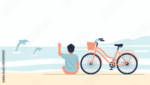 Beach Day Dreaming Enjoying Nature With Bicycle And Jumping Dolphins