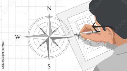 Architectural Planning Using Compass Rose For Project Direction And Precise Orientation