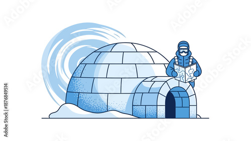 Arctic Navigator Guides Himself Near Igloo Using Polar Region Road Map