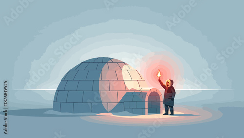 Arctic Night Scene Man With Torch In Front Of Igloo Home