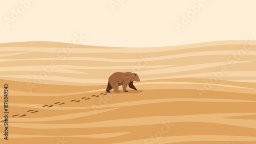 Bear Journey Through Desert Landscape With Paw Prints Minimalist Illustration