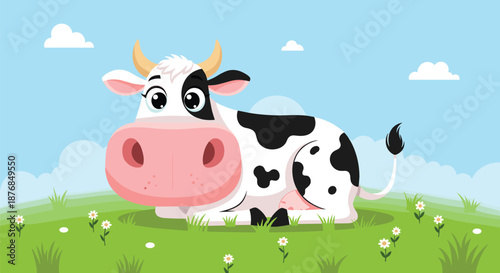 Friendly dairy cow resting in a green grassy pasture with white flowers under a clear blue sky with white clouds.