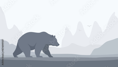 Bear Roaming In Monochrome Landscape With Mountain Background And Flying Birds
