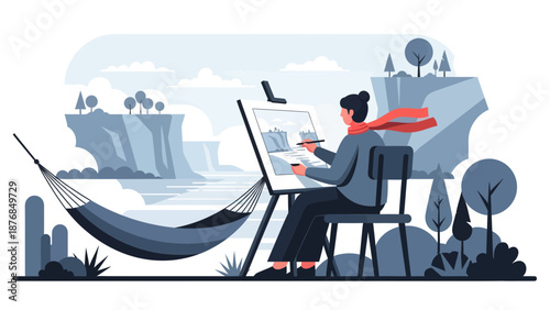 Artist Painting Landscape Scene With Hammock At Outdoors Vector Illustration