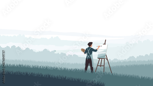 Artist Painting Tranquil Nature Scenery Outdoors With Easel On A Misty Morning