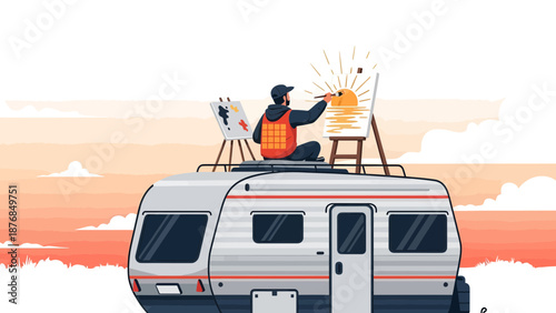 Artist's Retreat: A Creative Journey Atop A Caravan Painting A Vibrant Landscape