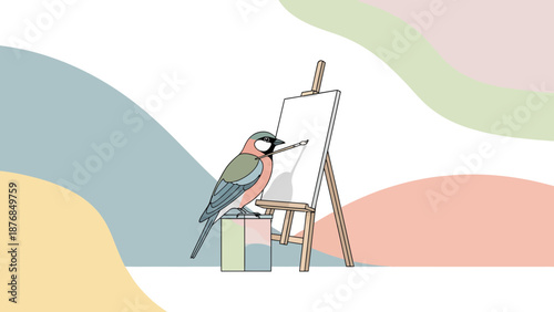 Artistic Finch With Easel Painting Bird Creating Masterpiece At Art Class