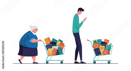 Elderly woman and young man pushing shopping carts filled with groceries, representing different generations life.