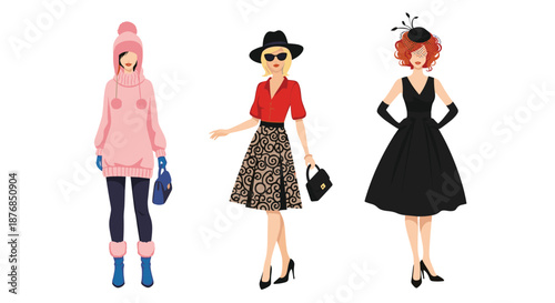 Three elegant women showcasing different fashion styles for various occasions from winter wear to formal evening dress.