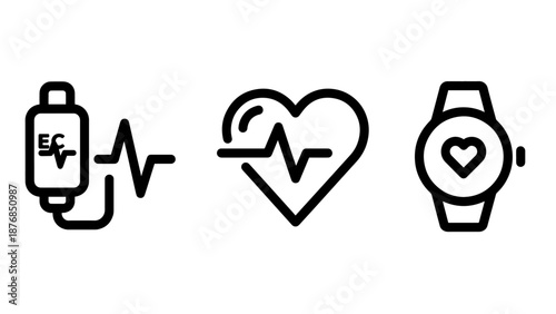 Health and Fitness Monitoring Heart Rate Icons with Smartwatch and ECG Pulse