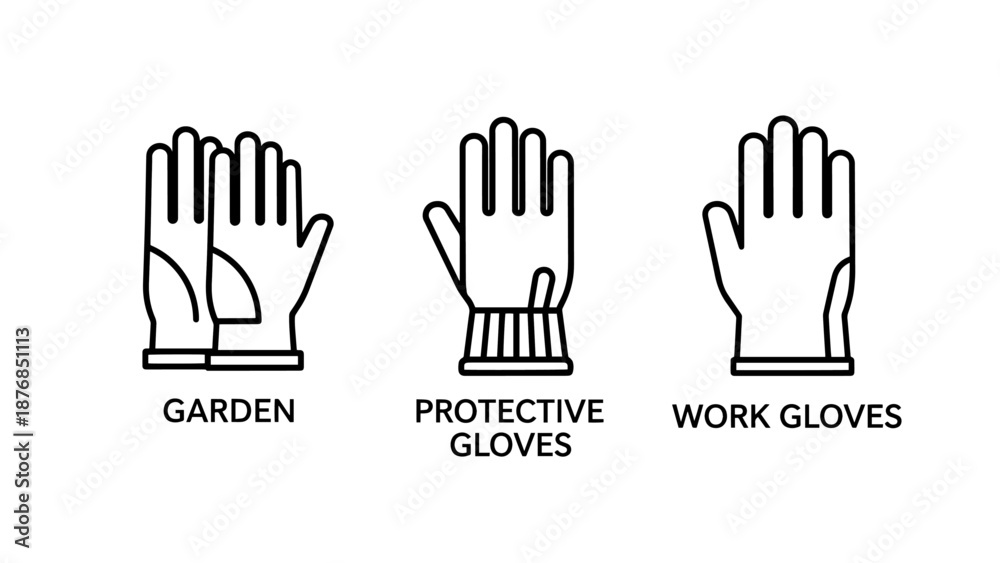 Obraz premium Set of black and white line icons for garden, protective, and industrial work gloves for safety and hand protection in various manual labor tasks.