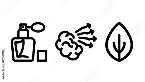 Collection of minimalist line icons representing perfume fragrance, natural mist spray, and organic leaf symbols for beauty and aromatherapy concepts.