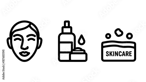 Beauty and skincare line icon set featuring a female face, cosmetic bottles with cream, and a bar of soap for daily hygiene and facial treatment routines.