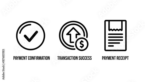 Set of business transaction icons for payment confirmation, successful money transfer with a dollar sign, and a printed digital receipt.