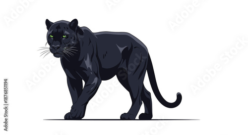 Sleek black panther with striking green eyes stands alert on a white background, showcasing its powerful muscular frame.