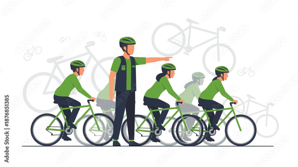 Fototapeta premium Bicycle Tour Guide Instructing Group On Safe Cycling Route Direction Strategy