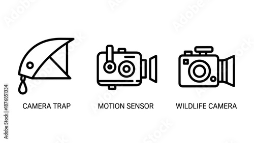 Field Research Icons for Wildlife Camera Traps, Motion Sensors, and Outdoor Monitoring Equipment