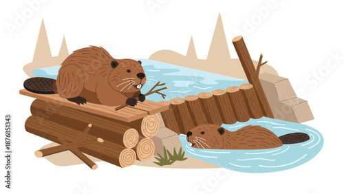 Beavers Constructing Dam Cartoon Illustration Amidst Natural Landscape By River